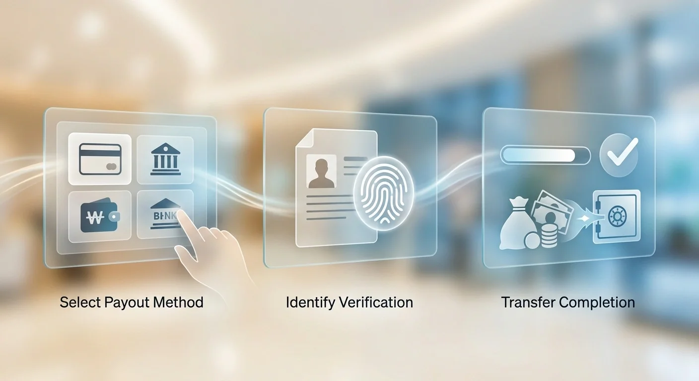 Withdrawal request moving through payment selection and identity verification