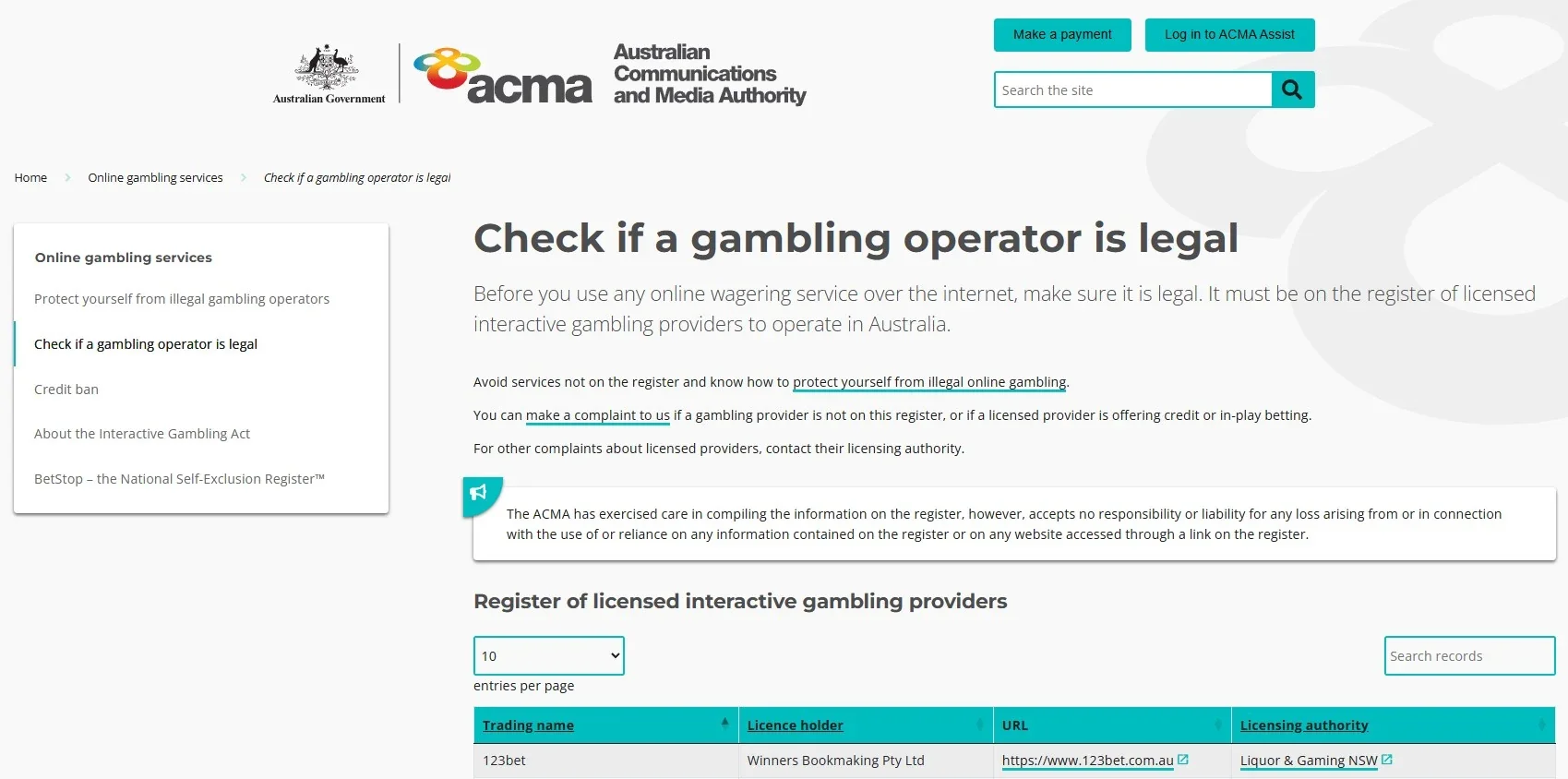 ACMA gambling-operator legality guidance