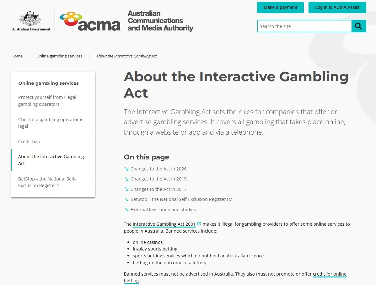 Real ACMA interactive gambling page or licensed provider register context for Australia